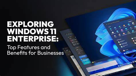 A presentation slide showing features of Windows 11 Enterprise during a business meeting.