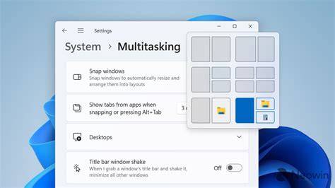 A screenshot showing the Snap layouts feature in Windows 11 with multiple windows arranged.
