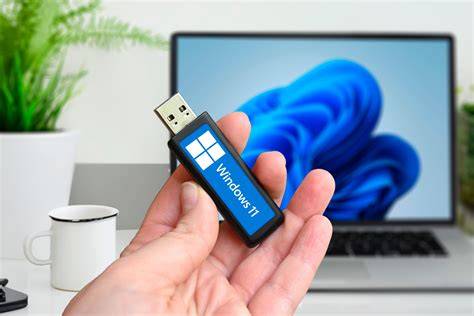 a USB drive connected to a laptop with Windows 11 installation files