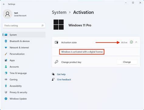 A user navigating to the activation status in Windows 11 settings.