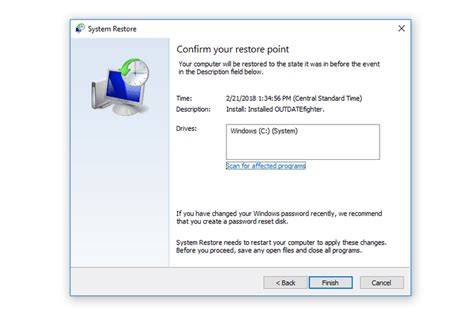 A close-up view of the restore point selection screen on a Windows 10 computer.