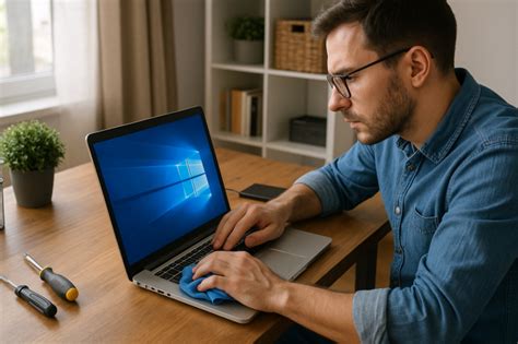 A person cleaning and maintaining a Windows PC at home.