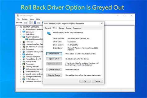 A screenshot showing a greyed out rollback driver option in device manager.
