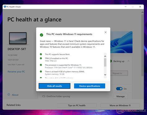 Close-up view of the PC Health Check application running on a laptop.