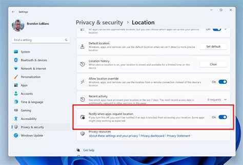 A screenshot of the location settings page in Windows 11 showing app permissions.