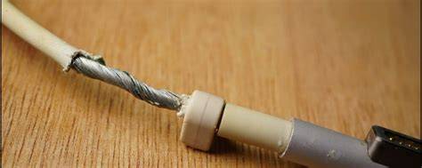 A damaged Ethernet cable showing visible wear and tear.