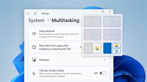 A screenshot showing the Snap layouts feature in Windows 11 with multiple windows arranged.
