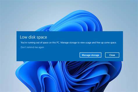 A Windows 11 laptop screen showing a warning about insufficient disk space.