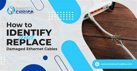 A damaged Ethernet cable lying on a wooden table.
