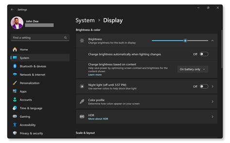 A close-up of the brightness and night light settings in Windows 11 display settings.