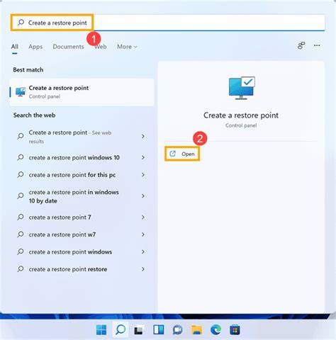 A user interacting with the Windows 11 search bar to create a restore point.